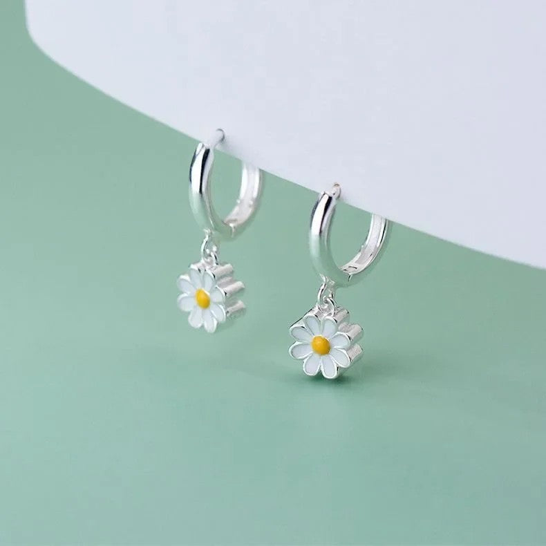 White Daisy Hoop Earrings
