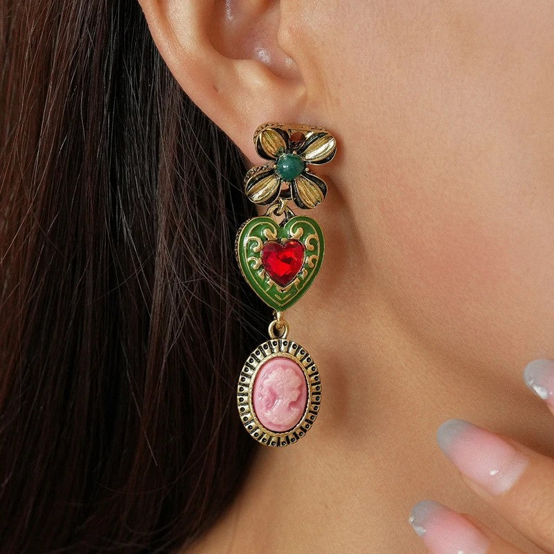Floral Heart Cameo Drop Earrings