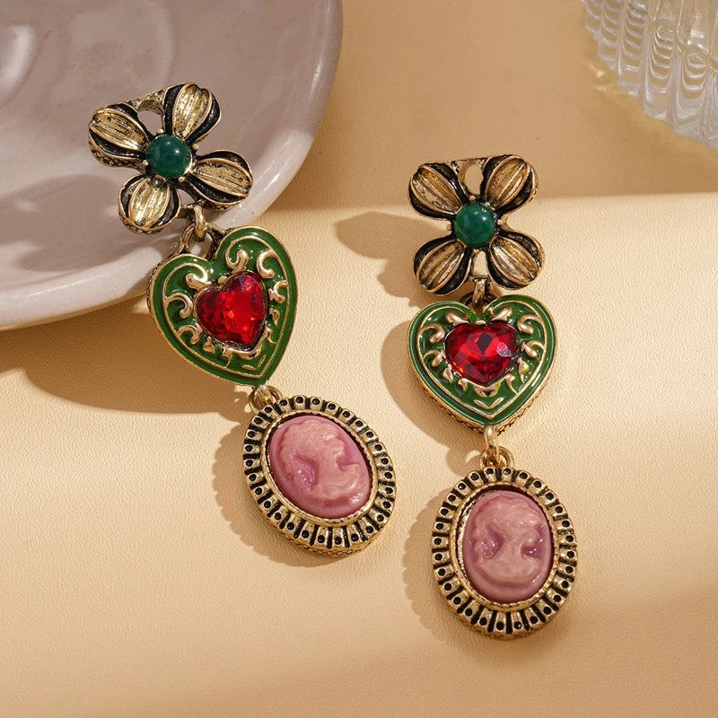 Floral Heart Cameo Drop Earrings