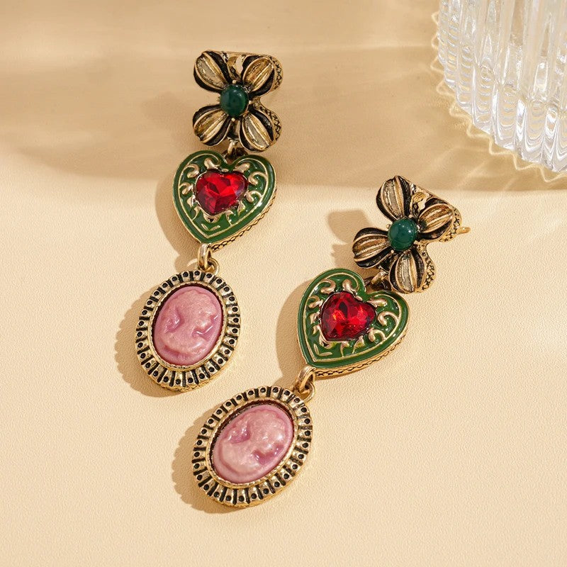 Floral Heart Cameo Drop Earrings