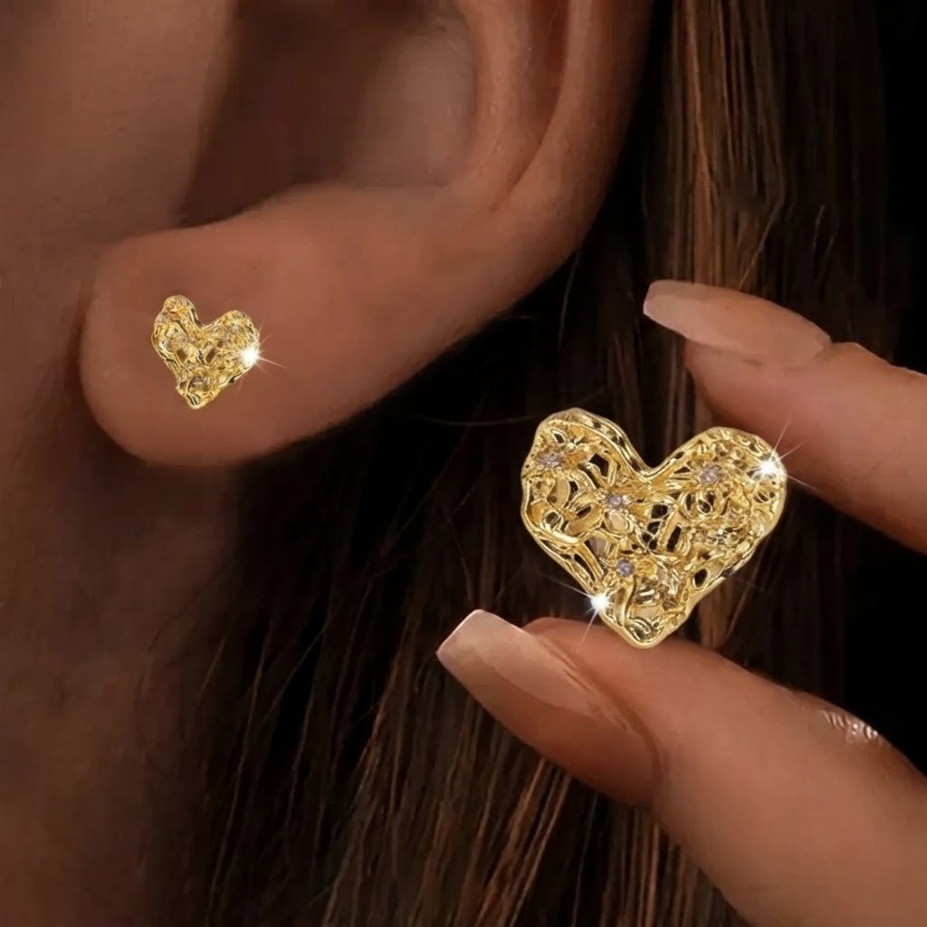 Zircon Heart Mesh Stud Earrings