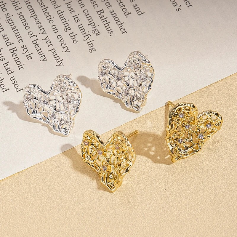 Zircon Heart Mesh Stud Earrings