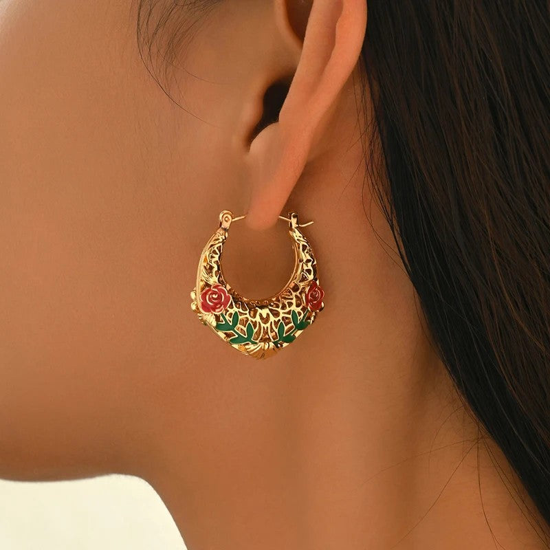 Enamel Rose Hoop Earrings