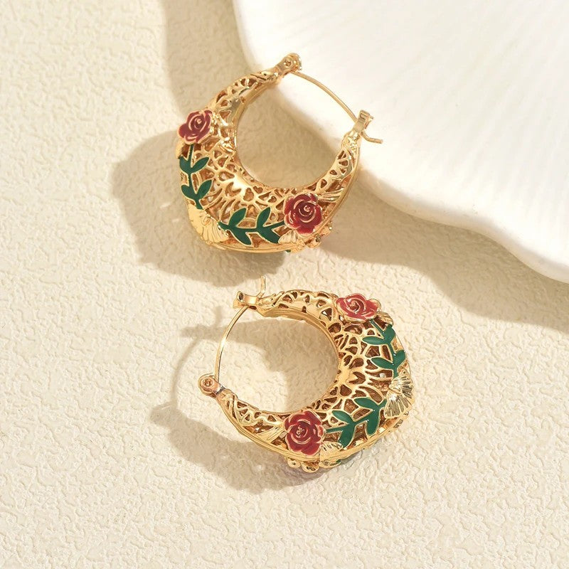 Enamel Rose Hoop Earrings