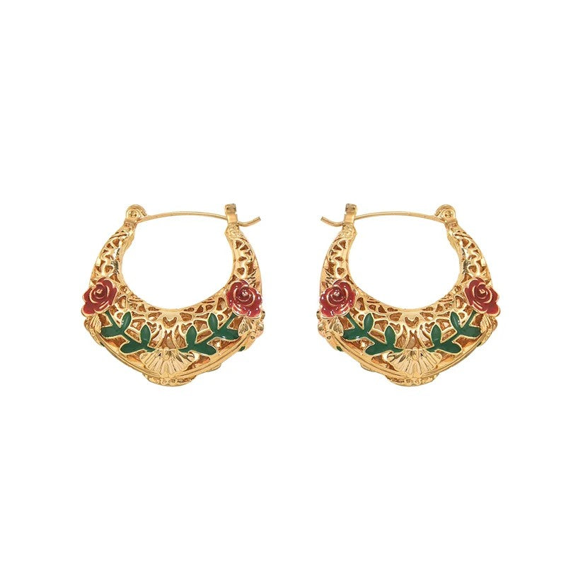 Enamel Rose Hoop Earrings