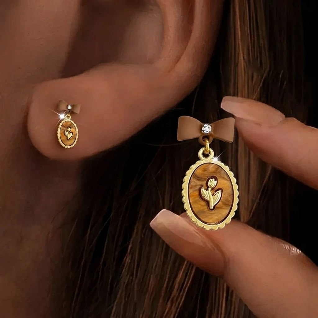 Brown Bow Floral Drop Earrings