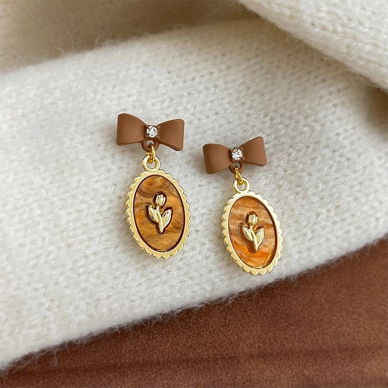 Brown Bow Floral Drop Earrings
