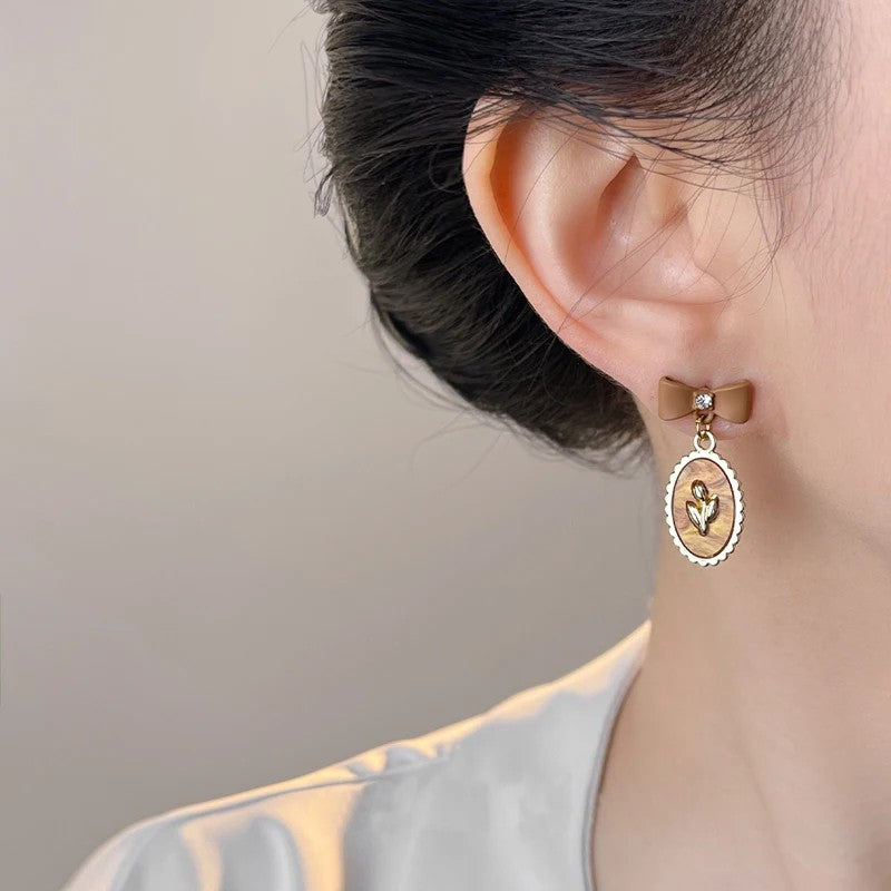 Brown Bow Floral Drop Earrings