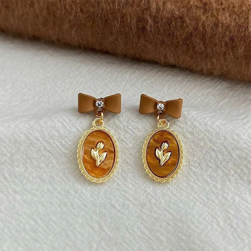 Brown Bow Floral Drop Earrings