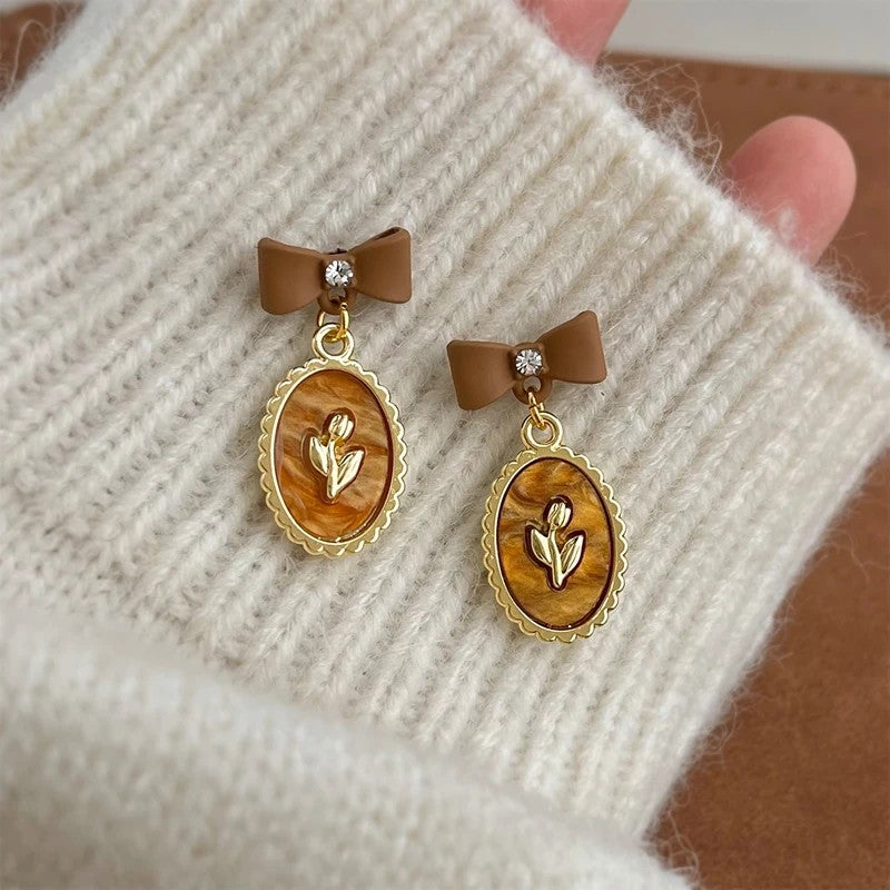 Brown Bow Floral Drop Earrings