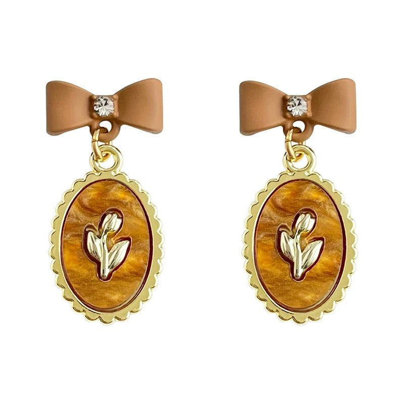 Brown Bow Floral Drop Earrings