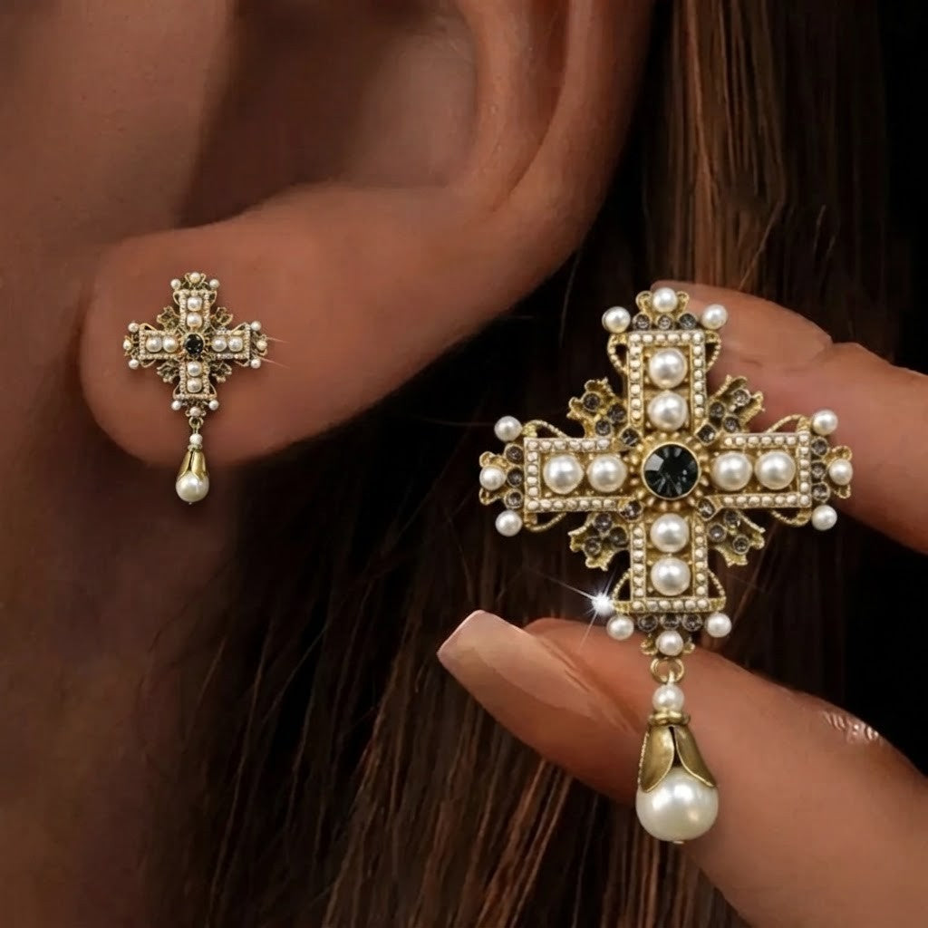 Pearl Cross Drop Earrings