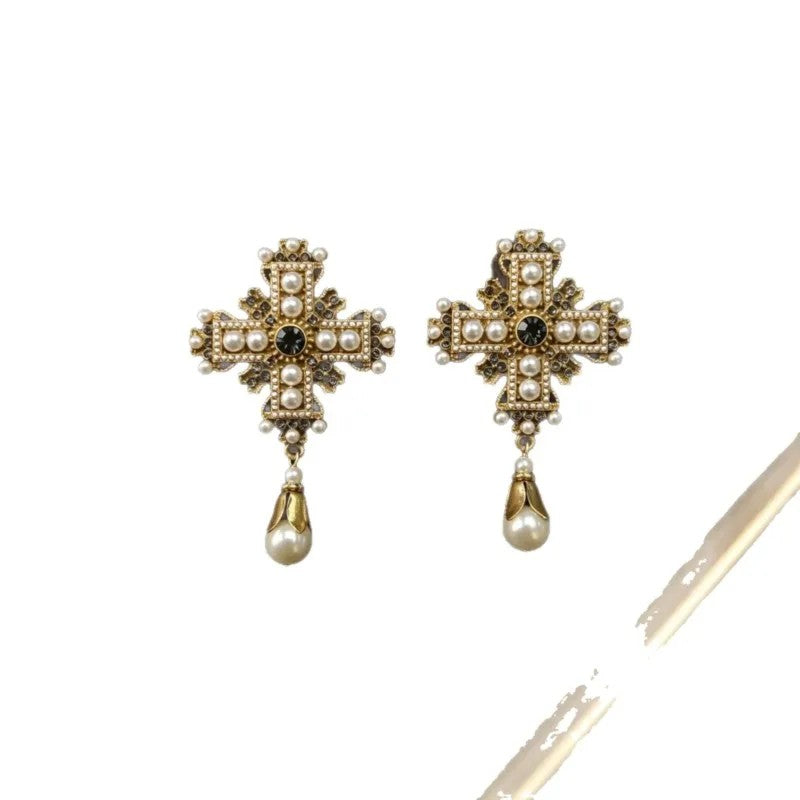 Pearl Cross Drop Earrings
