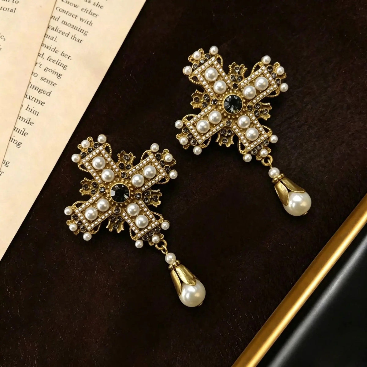 Pearl Cross Drop Earrings