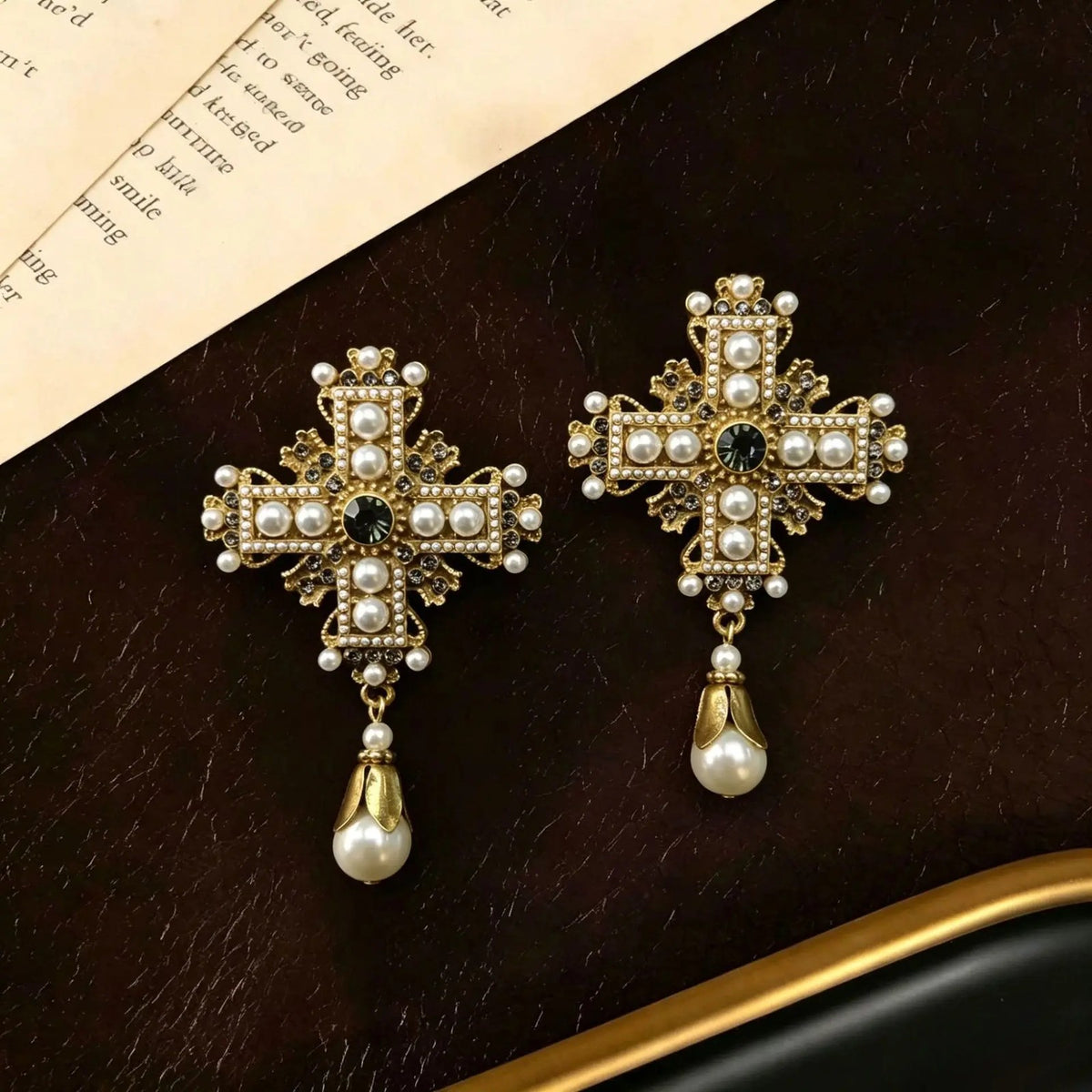 Pearl Cross Drop Earrings