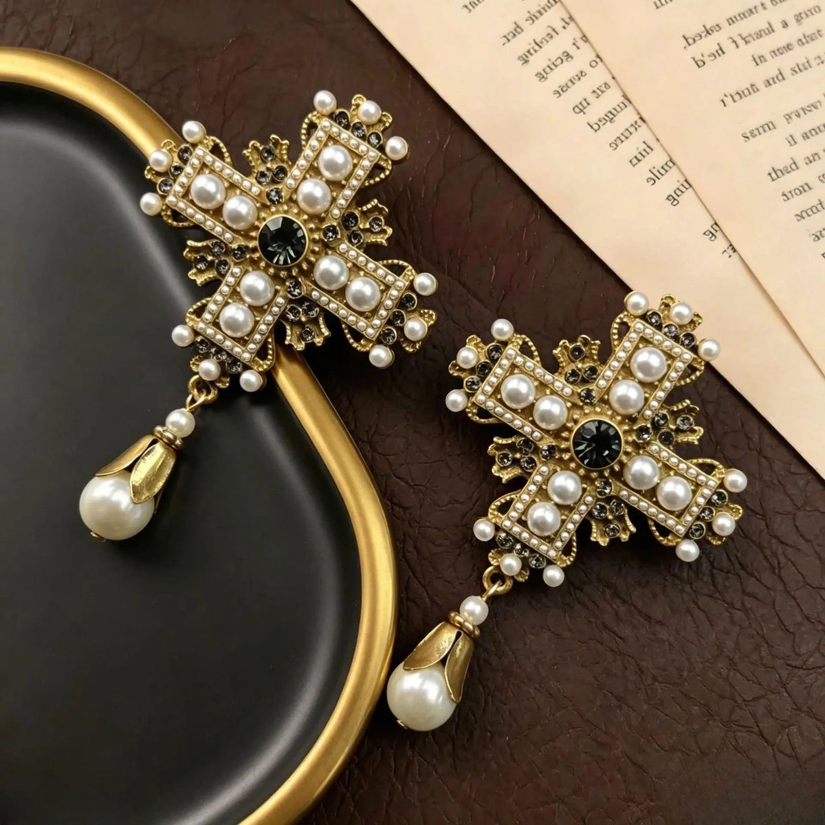 Pearl Cross Drop Earrings