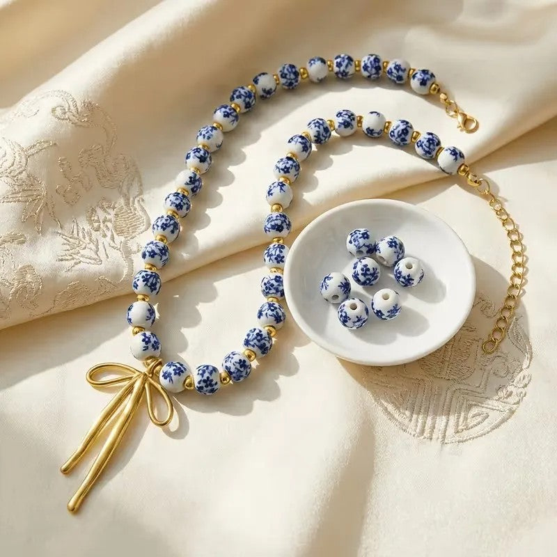 Blue Floral Bow Necklace