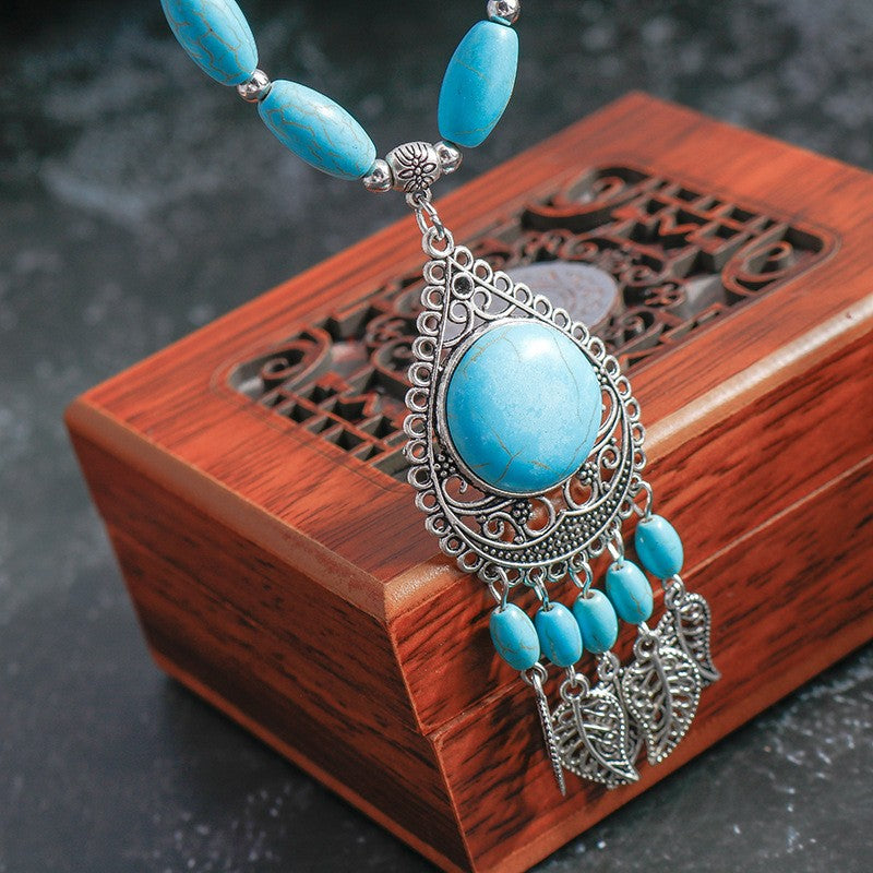 Turquoise Filigree Leaf Dangle Necklace
