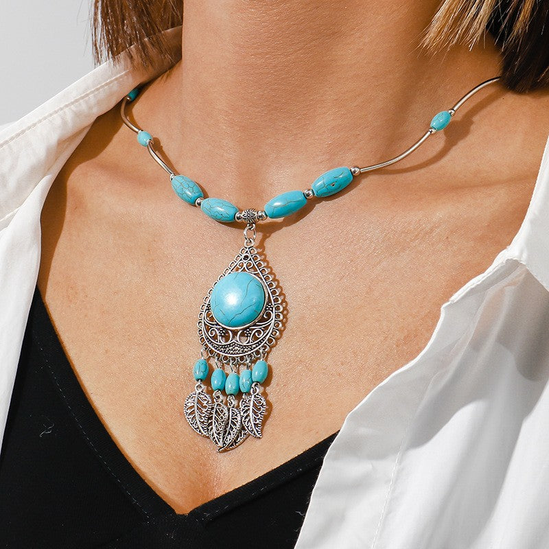 Turquoise Filigree Leaf Dangle Necklace
