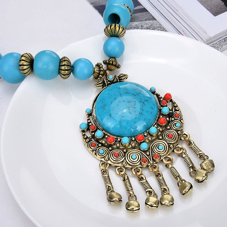 Turquoise Round Pendant Bell Necklace