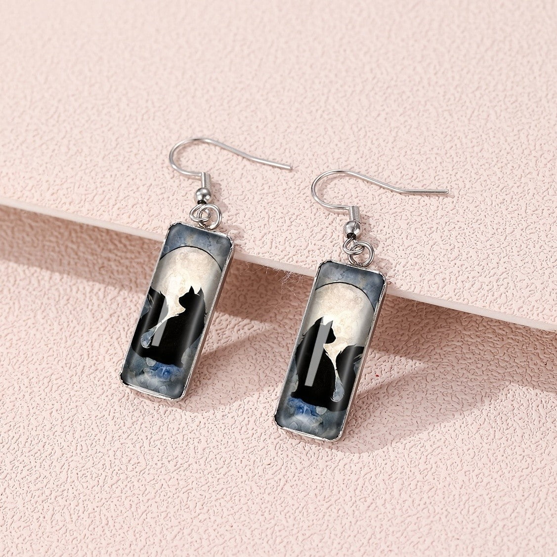 Cat Silhouette Rectangle Drop Earrings