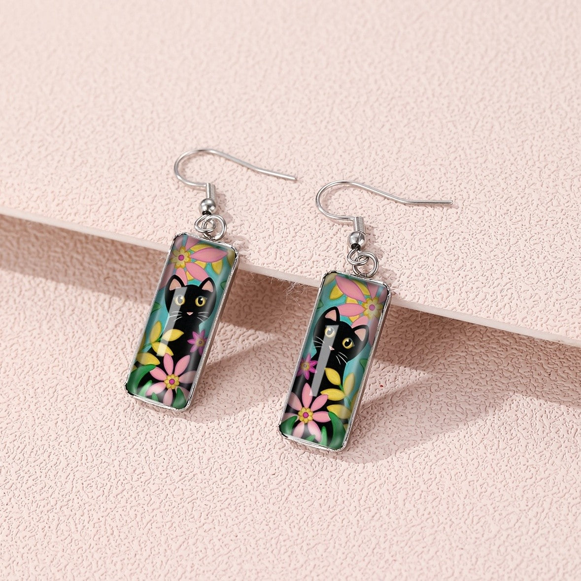 Cat Silhouette Rectangle Drop Earrings