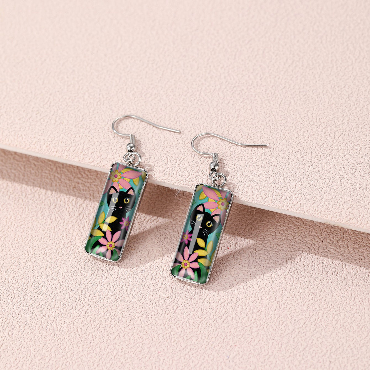Cat Silhouette Rectangle Drop Earrings