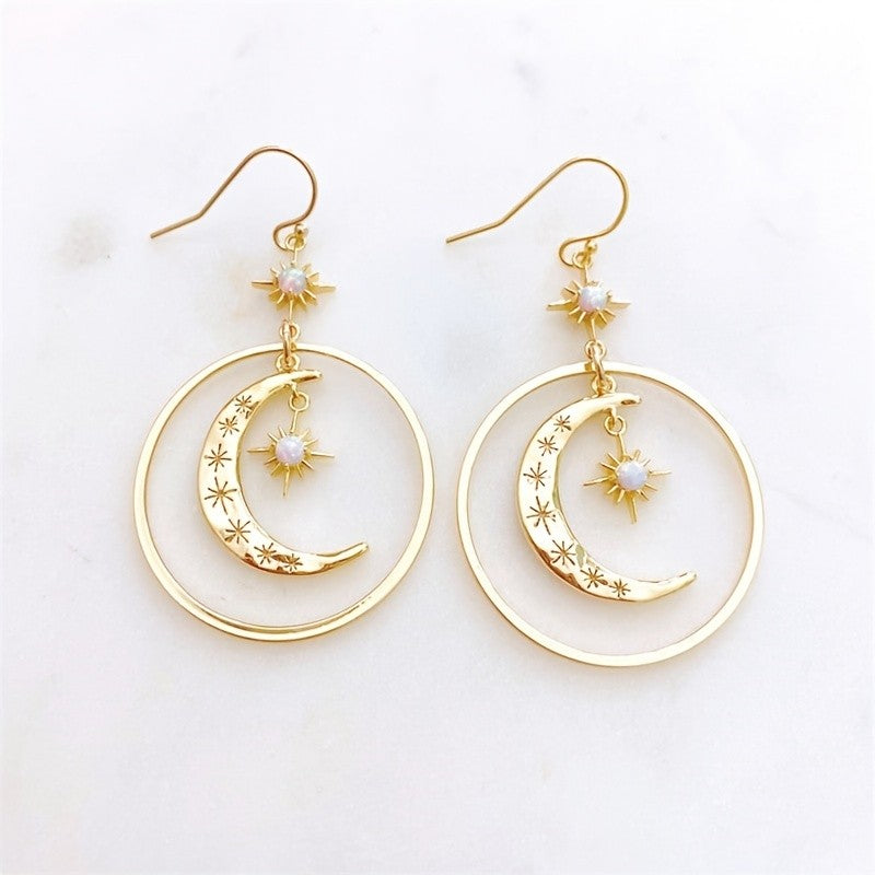 Crescent Moon Hoop Dangle Earrings