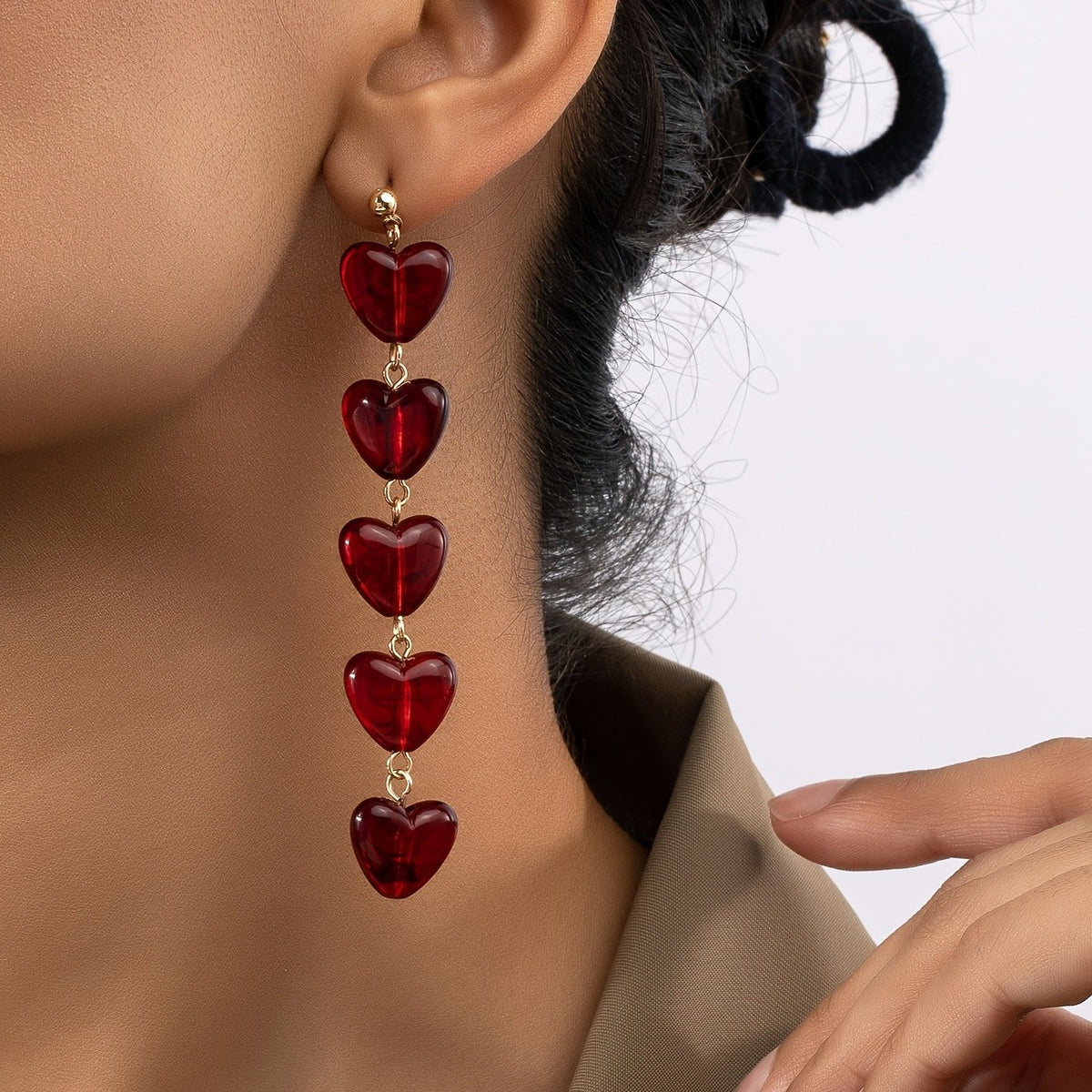 Vertical Red Heart Link Earrings