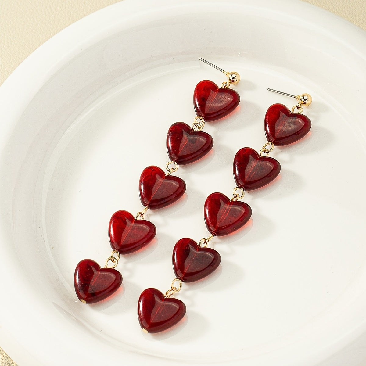 Vertical Red Heart Link Earrings