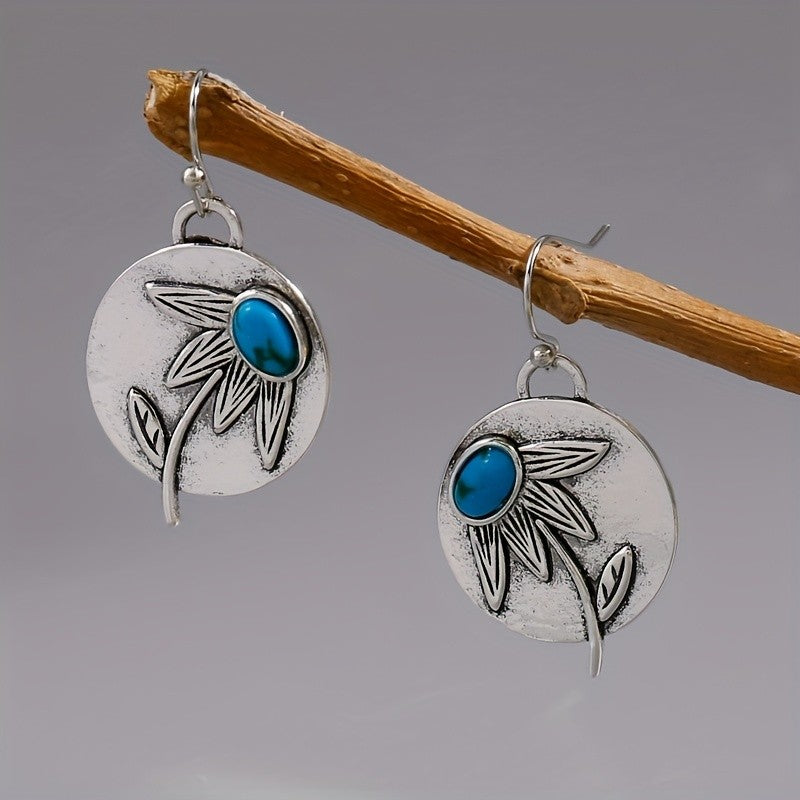 Blue Stone Floral Disc Earrings