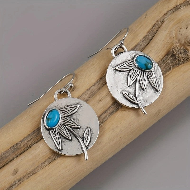 Blue Stone Floral Disc Earrings