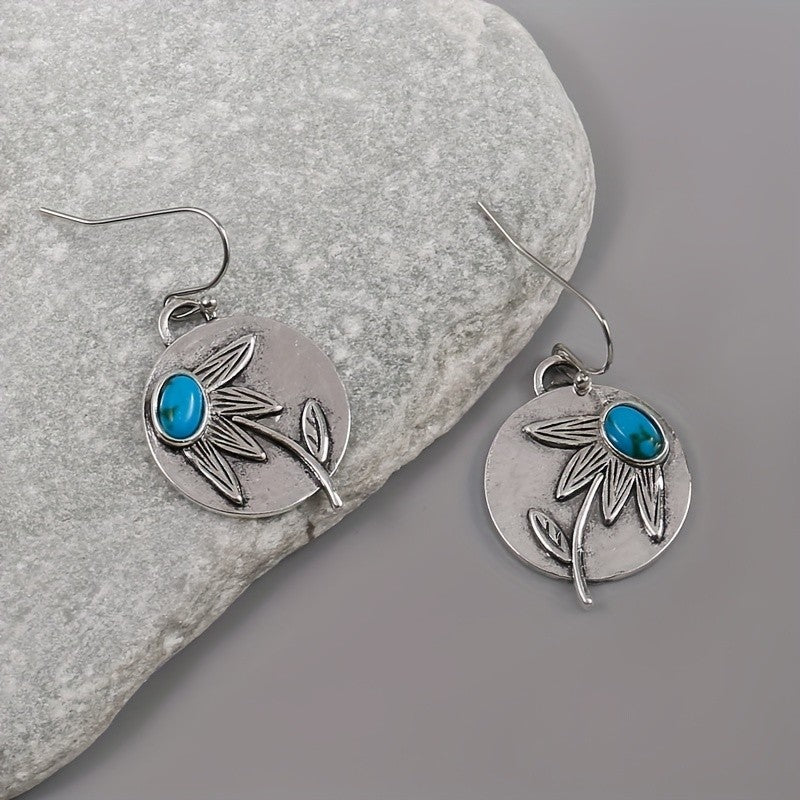 Blue Stone Floral Disc Earrings