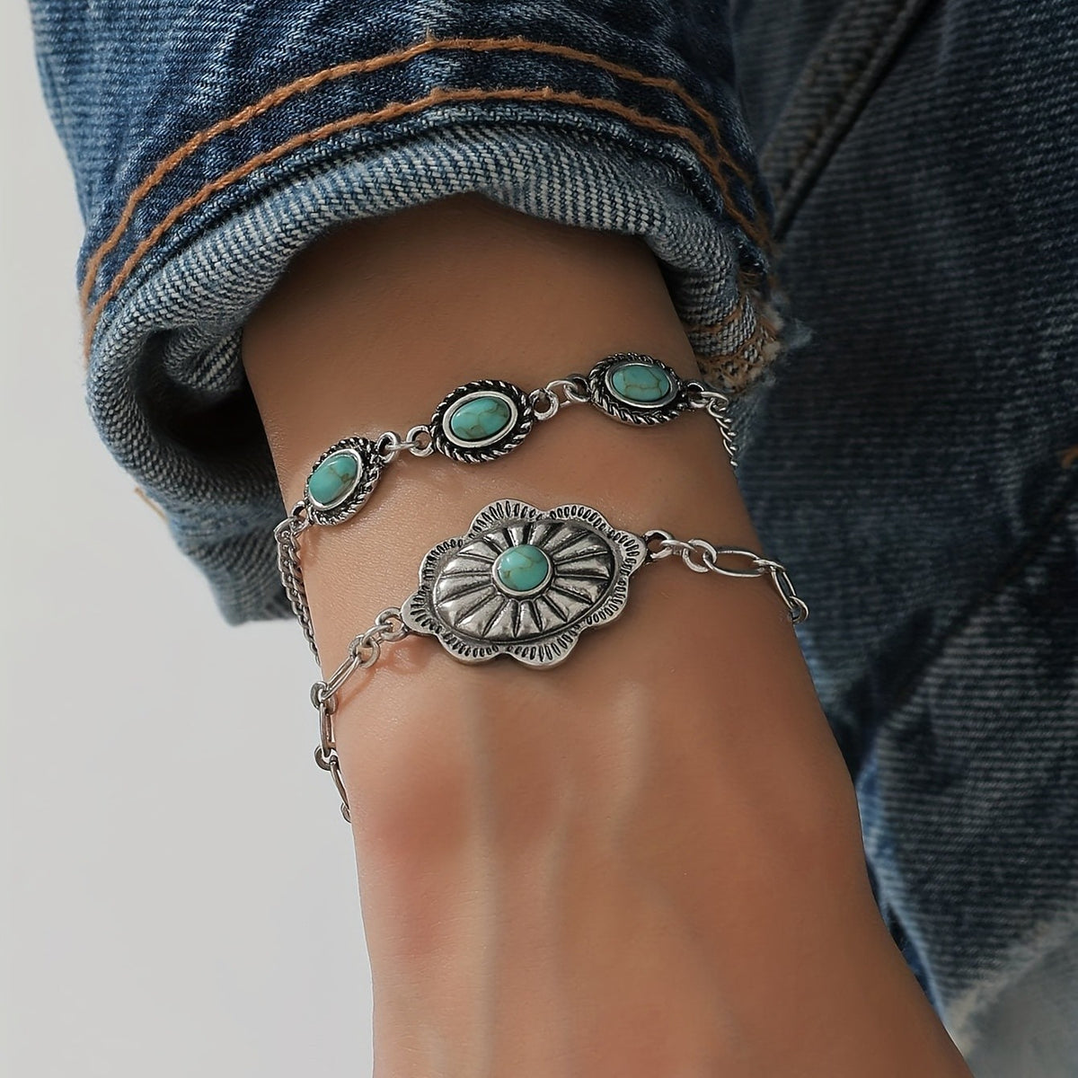 Turquoise Sunburst & Oval Link Bracelet Set