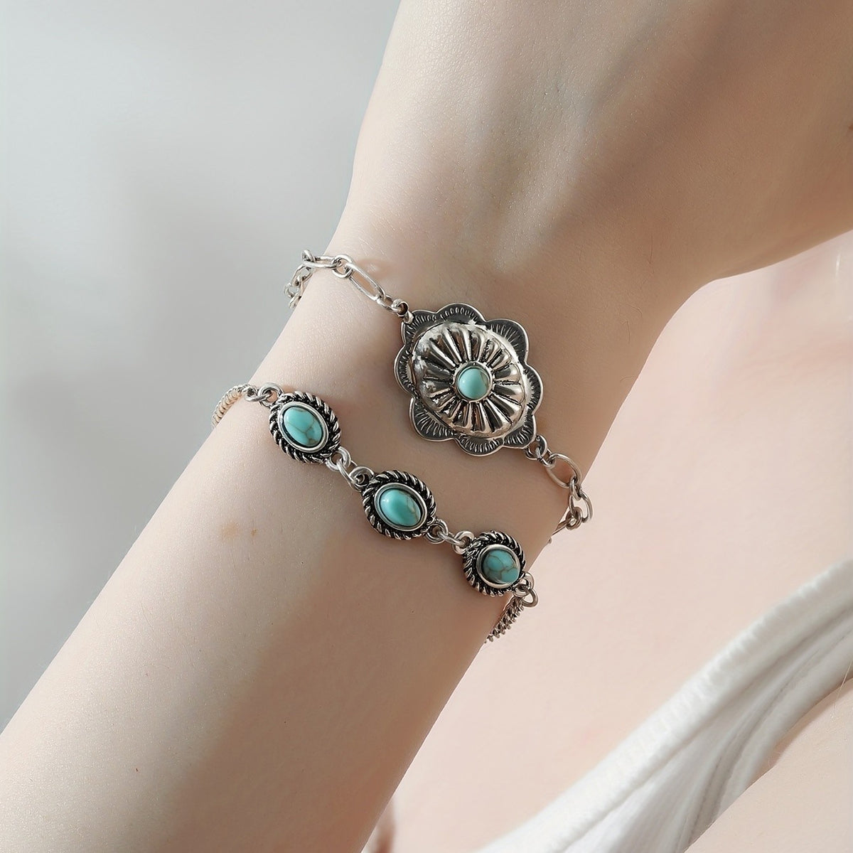Turquoise Sunburst & Oval Link Bracelet Set