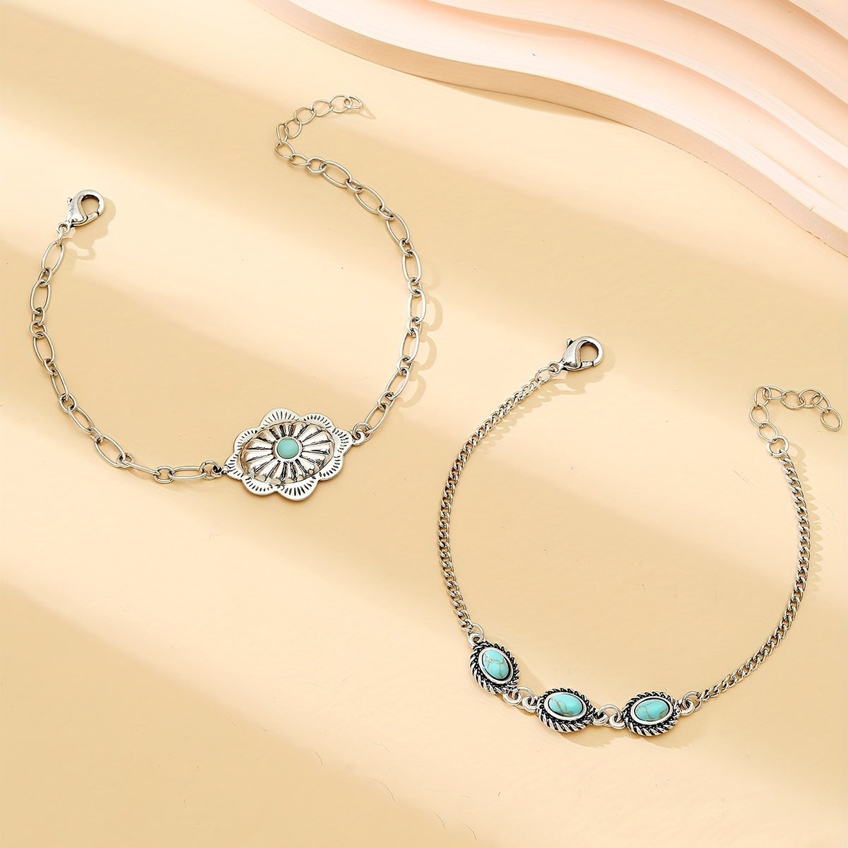 Turquoise Sunburst & Oval Link Bracelet Set