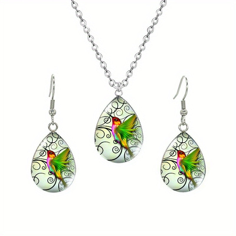 Hummingbird Scroll Glass Teardrop Jewelry Set