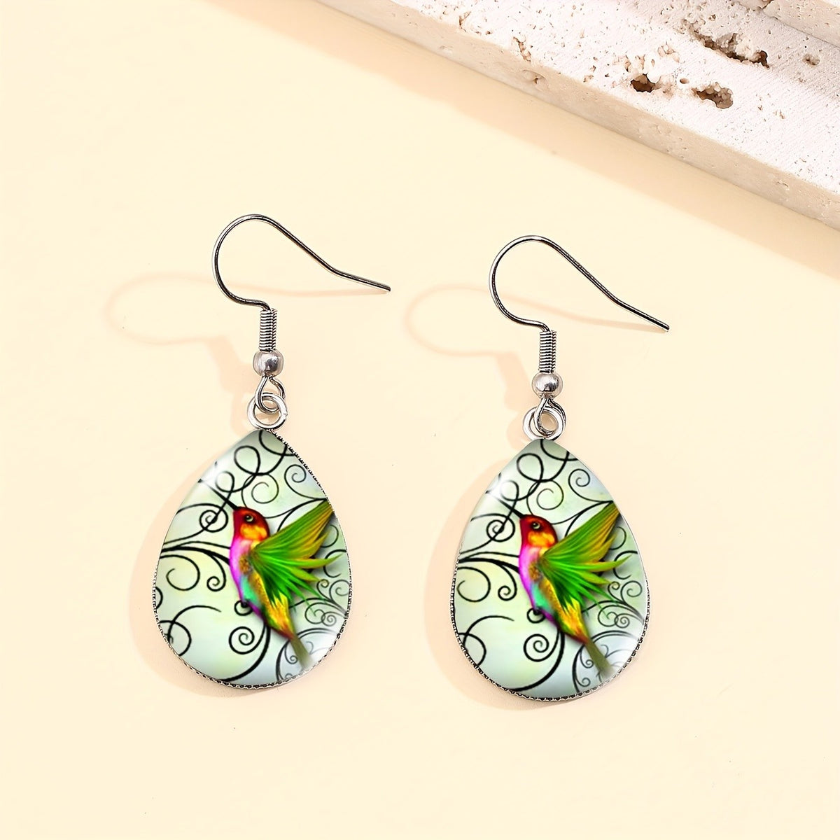 Hummingbird Scroll Glass Teardrop Jewelry Set