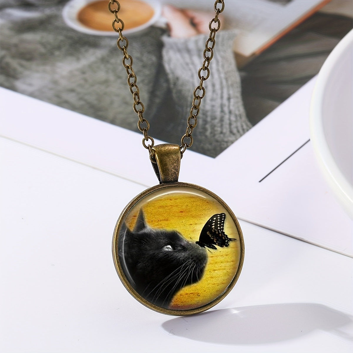 Black Cat & Butterfly Cabochon Necklace