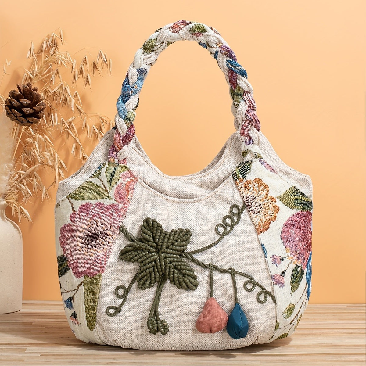 Braided Handle Floral Tote Bag