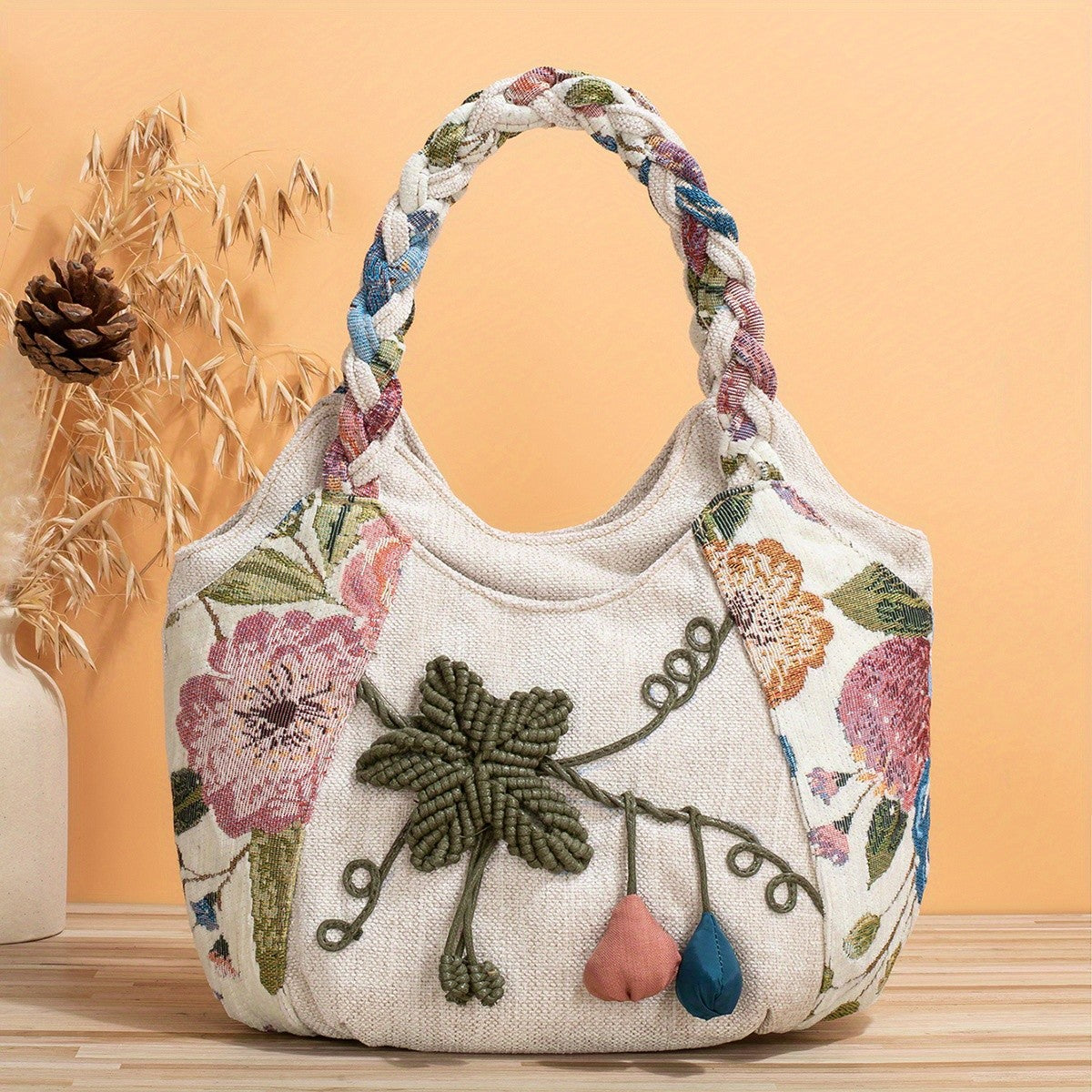 Braided Handle Floral Tote Bag