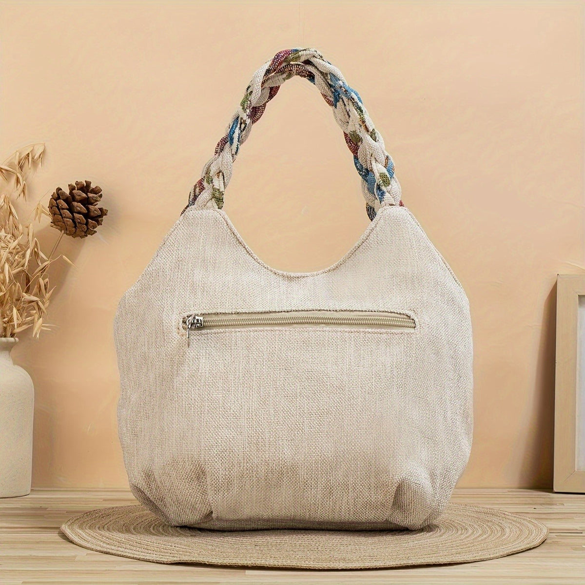 Braided Handle Floral Tote Bag