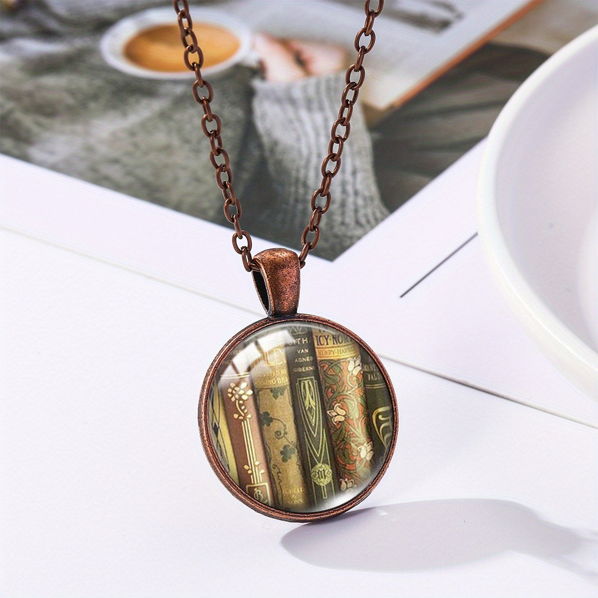 Vintage Book Spine Glass Pendant Necklace