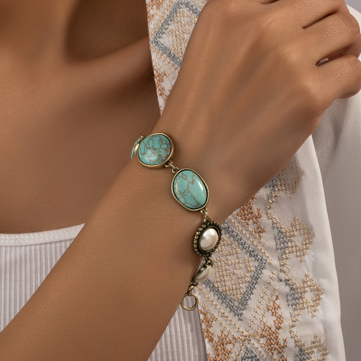 Turquoise & Pearl Oval Bracelet