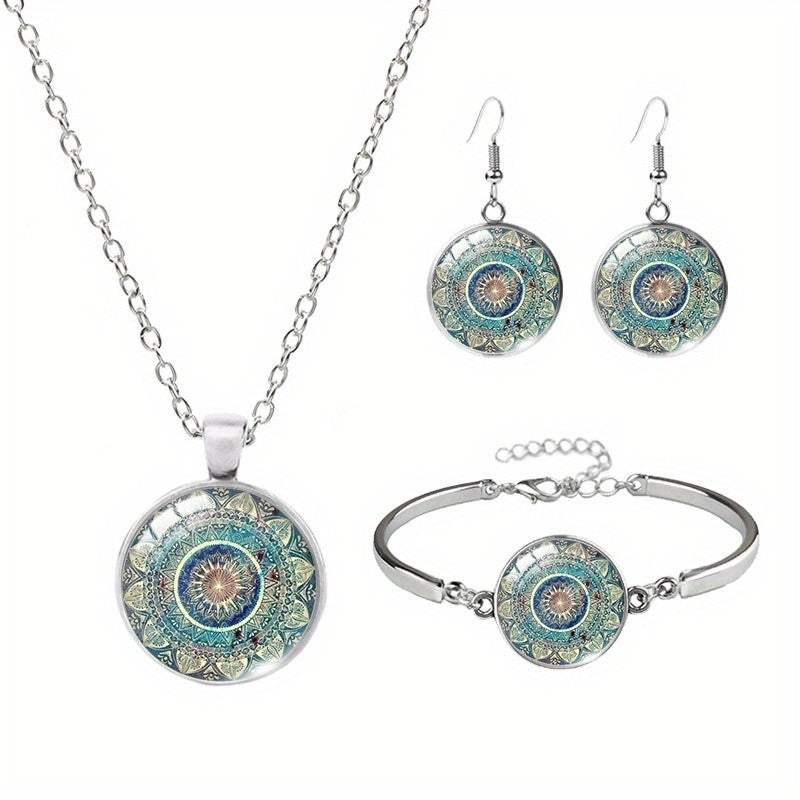 Teal Mandala Glass Jewelry Set