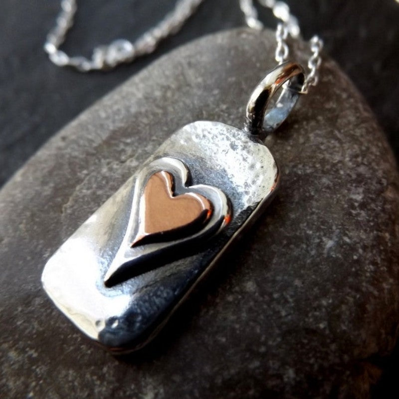 Hammered Rectangle Heart Pendant Necklace
