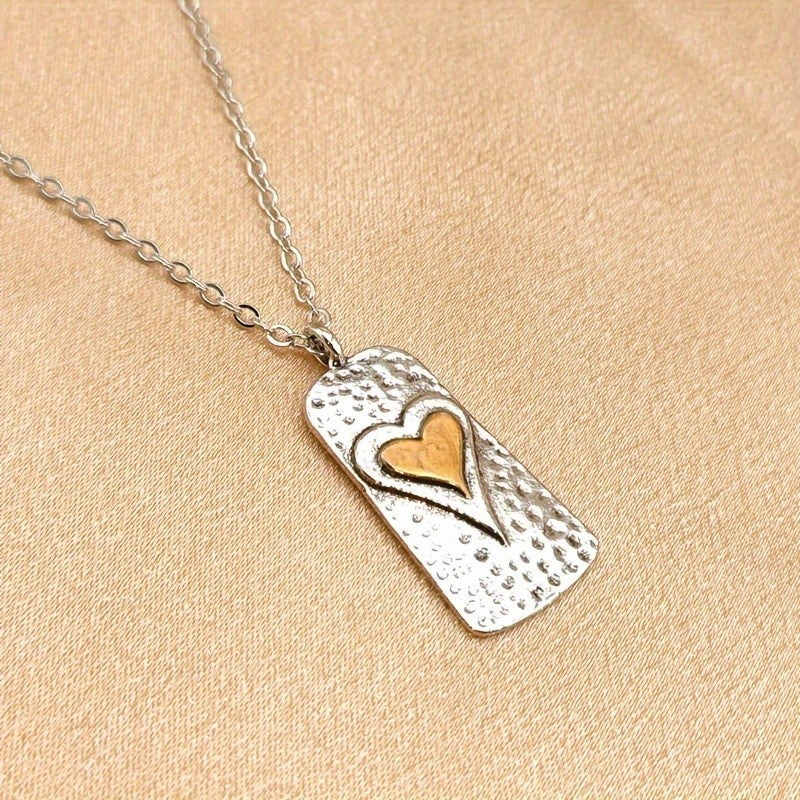 Hammered Rectangle Heart Pendant Necklace