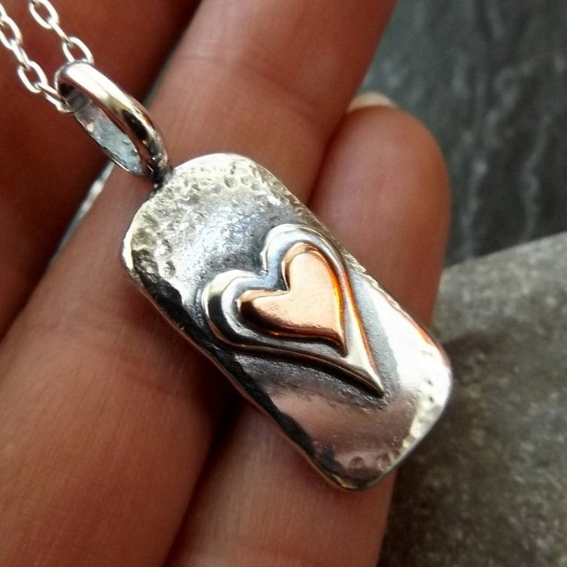 Hammered Rectangle Heart Pendant Necklace