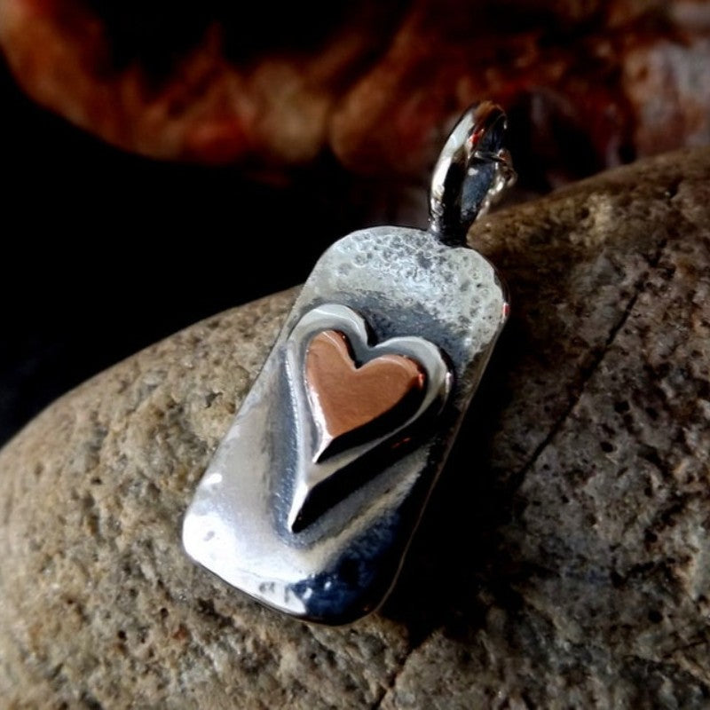 Hammered Rectangle Heart Pendant Necklace