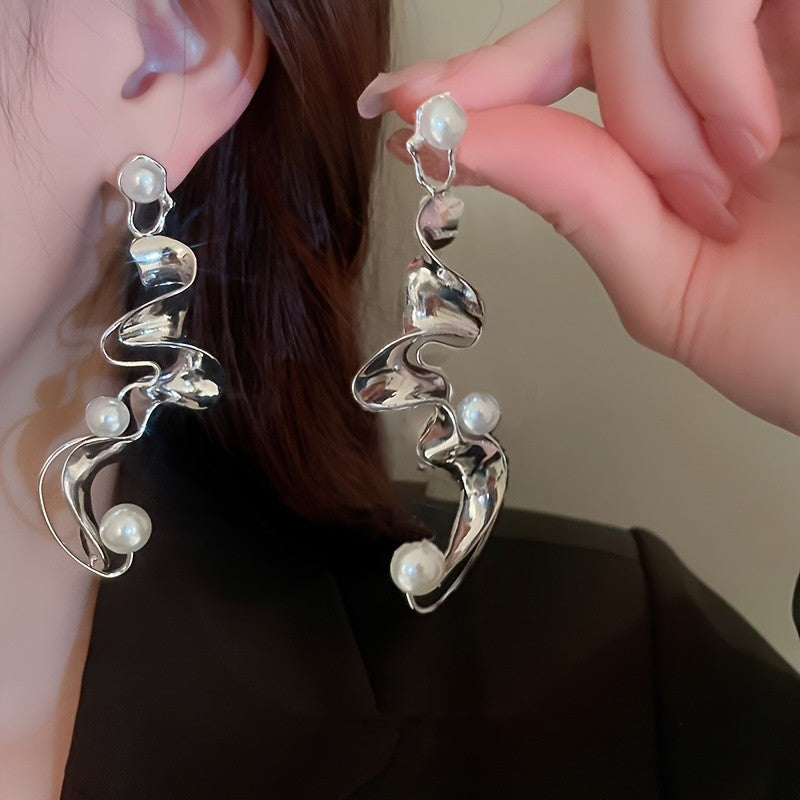 Sculptural Wave Pearl Drop Earrings